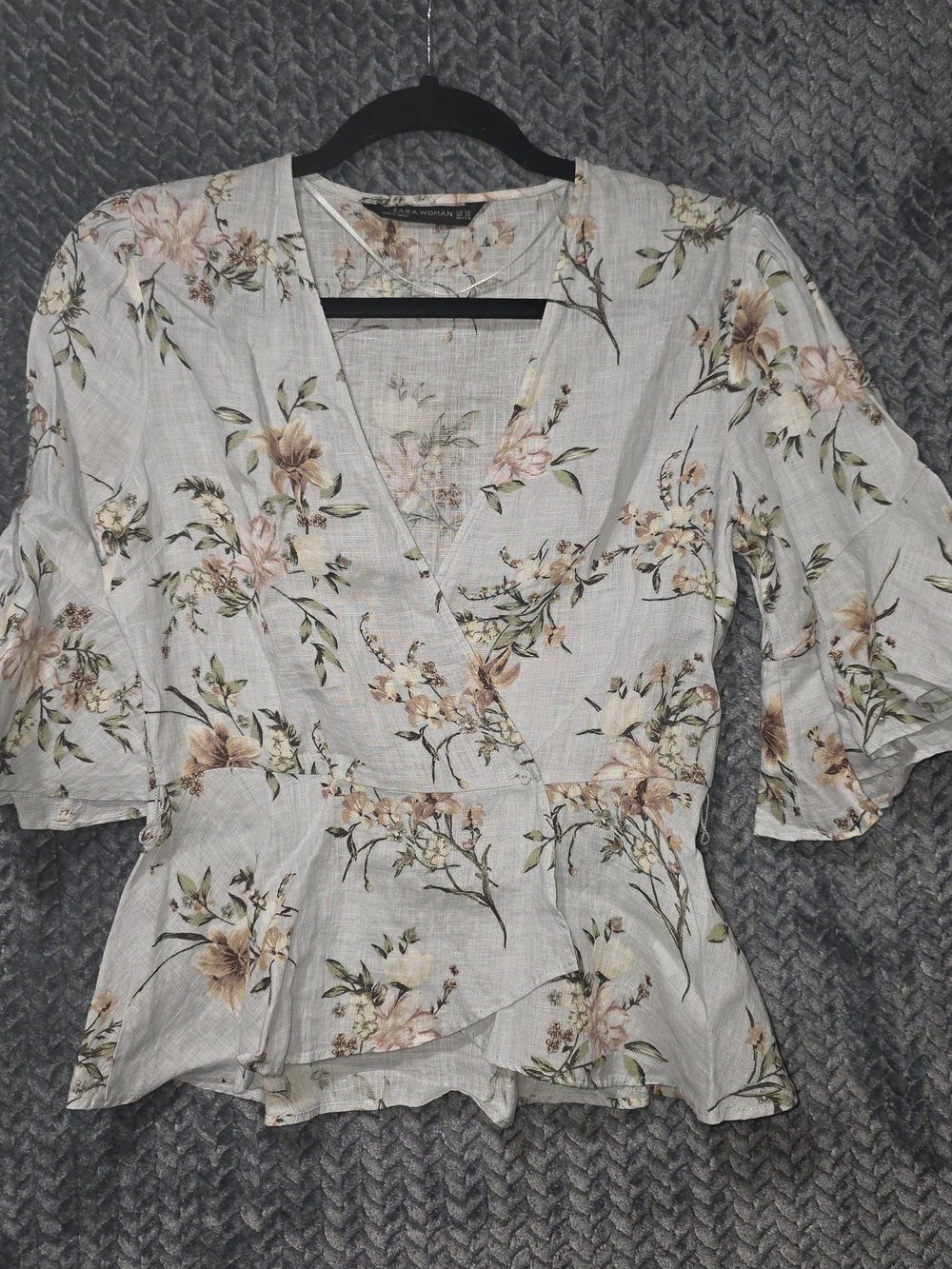 Zara White Floral Wrap Peplum Top Pink and Green Print Linen